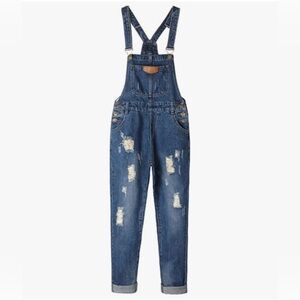 Distressed Denim Overalls, Sz L